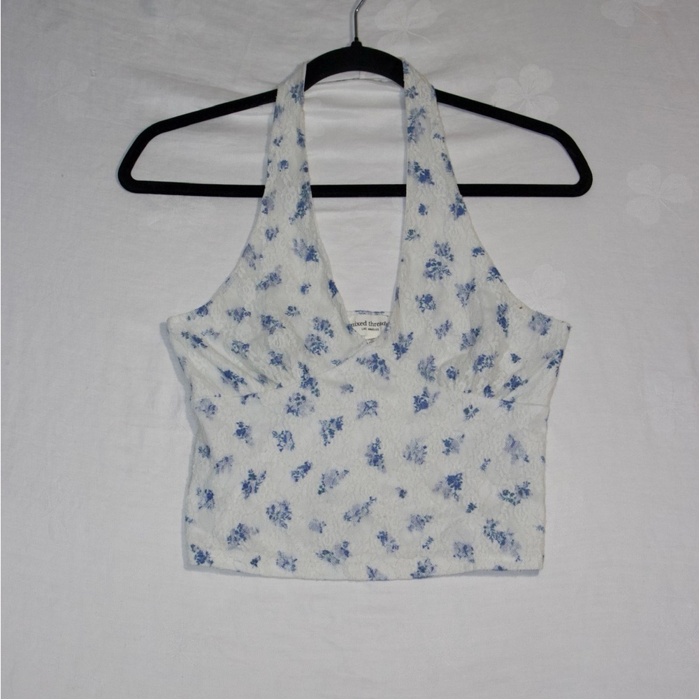 Y2K Lacy Floral Halter Crop Top Lace Trim Blue White Floral Print Size Medium
